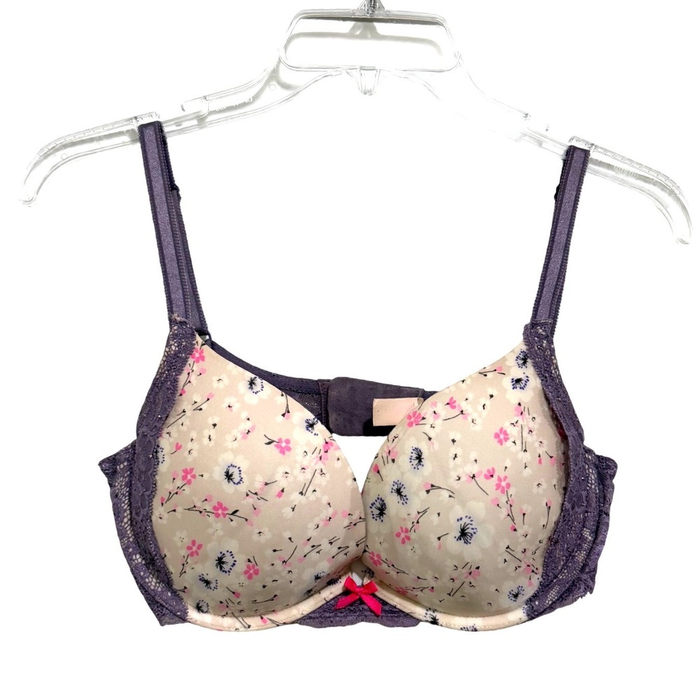 Victoria's Secret Dream Angels Push-Up Bra 34D Purple Floral Lace Trim Underwire